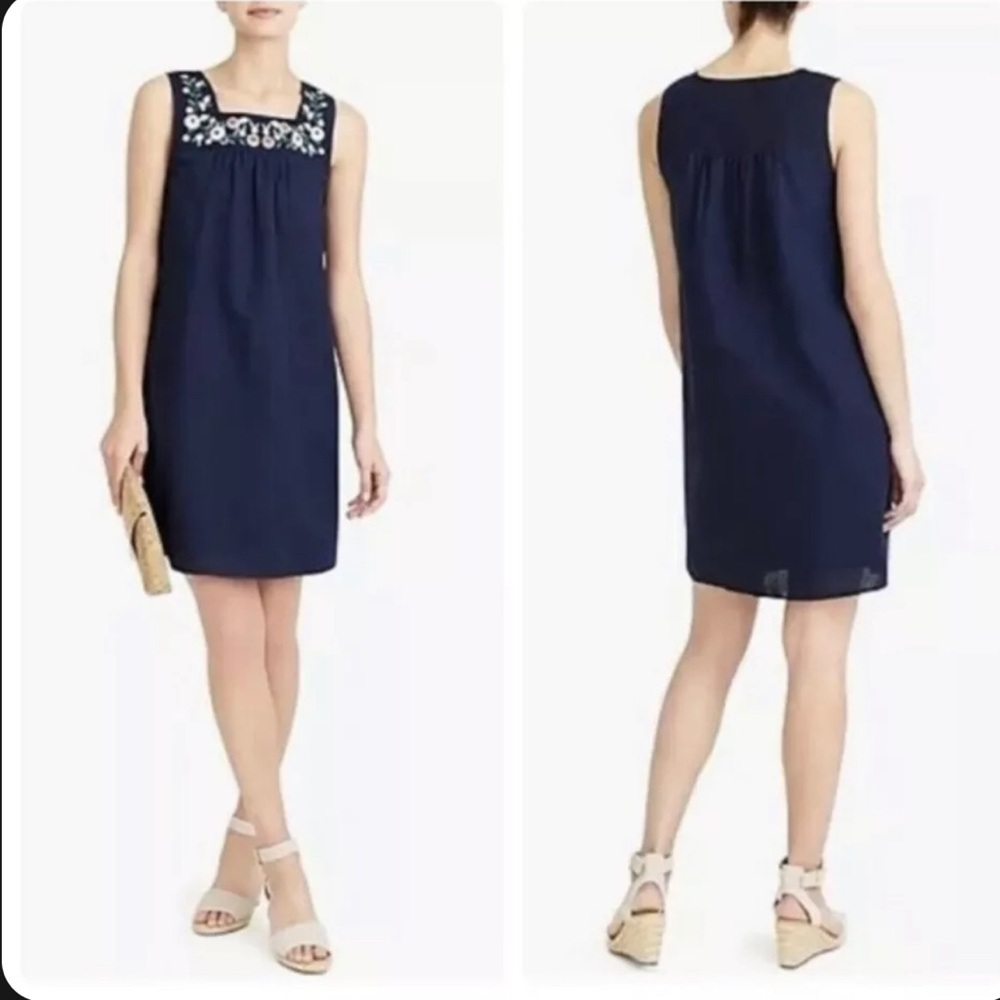J Crew Embroidered Square Neck Linen Blend Midi Dress